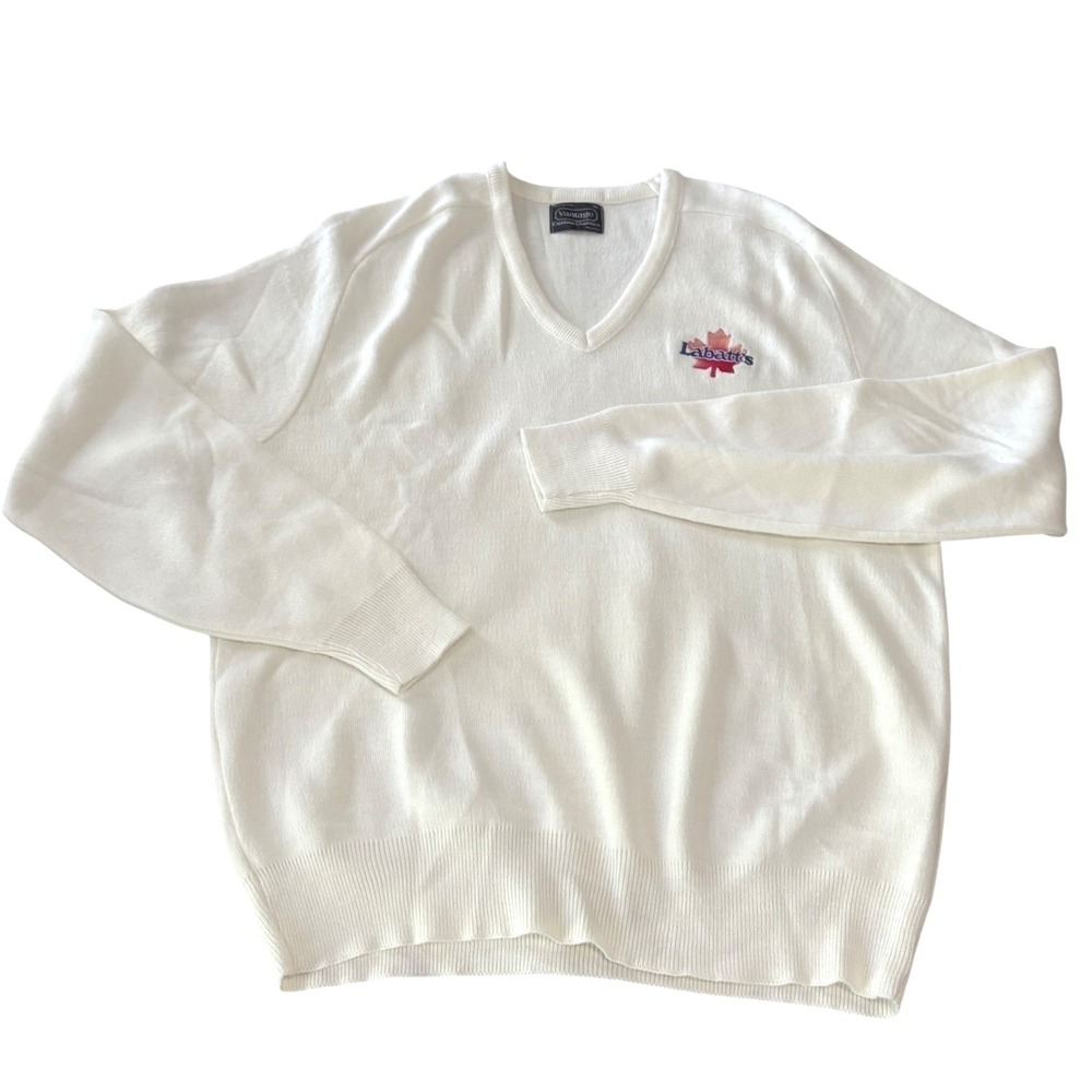 VTG 1980s Labatt Beer Sweater Mens XL Cream V Neck Knit USA Made‎ Logo Vantage